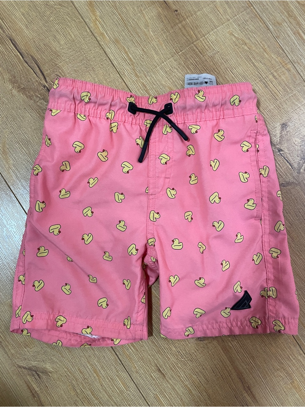 Boys Pink Duck-Print Swim Trunks with Drawstring